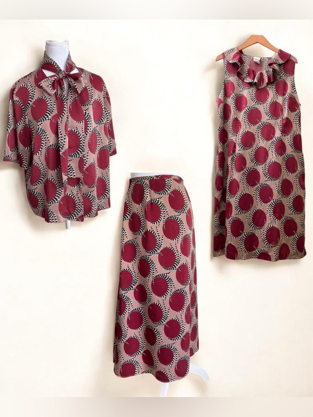 Mod Print Vintage Bow Tie Neck Blouse, A-line Skirt and Collared Tank Dress Set